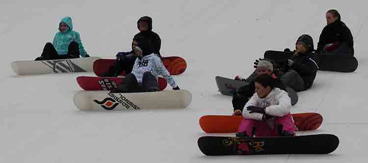 sitting snowboarders